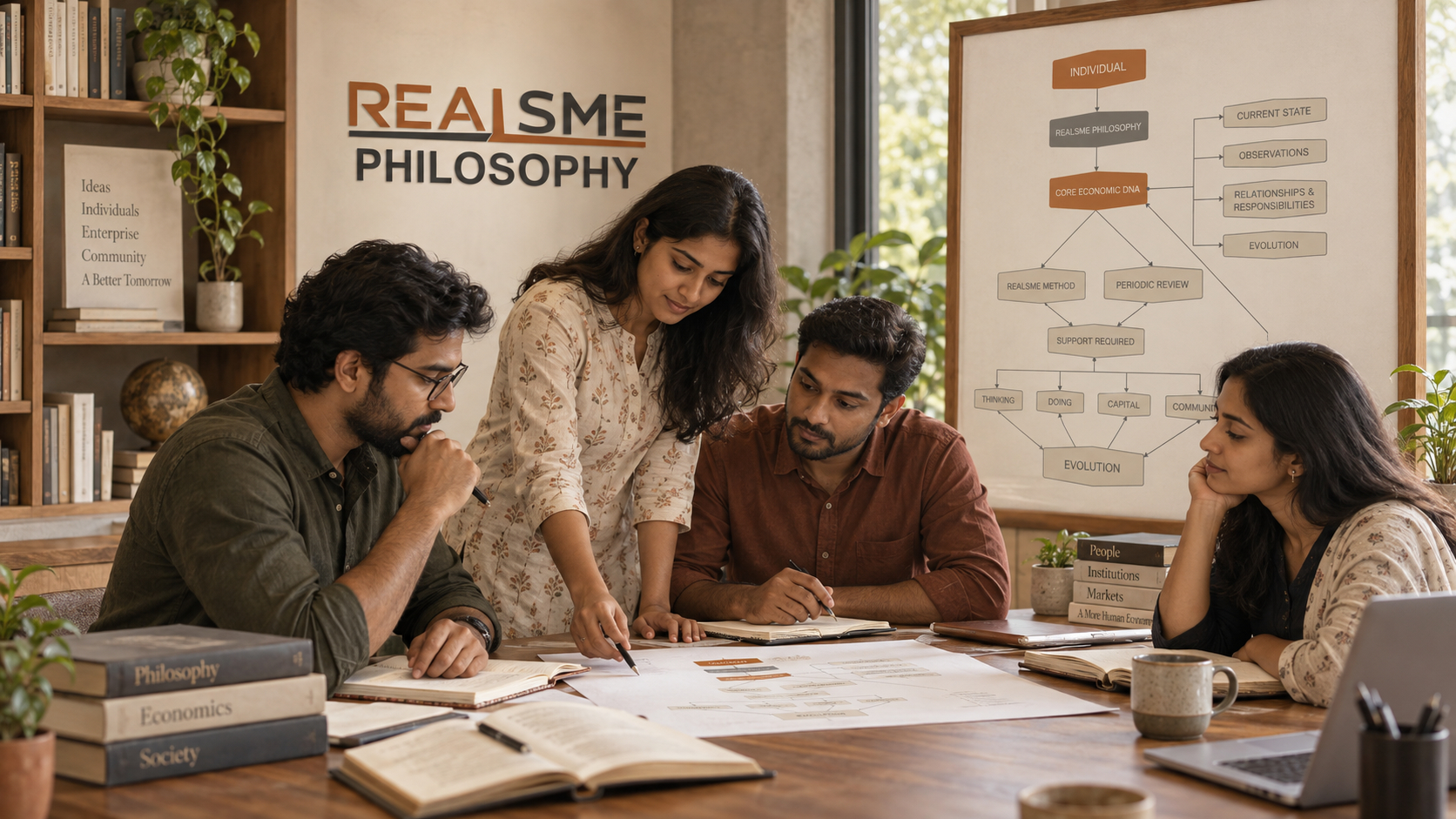 Colleagues reviewing documents and diagrams together in a REALSME workspace.